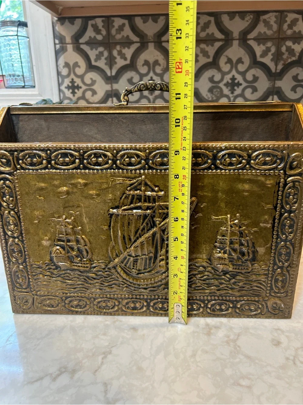 ANTIQUE VINTAGE EMBOSSED BRASS & WOOD CONTAINER-SHIP DESIGN-1920s